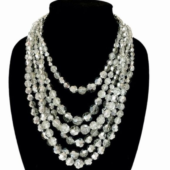 Edwardian 6 strand silver crystal dramatic bib necklace - Picture 1 of 5
